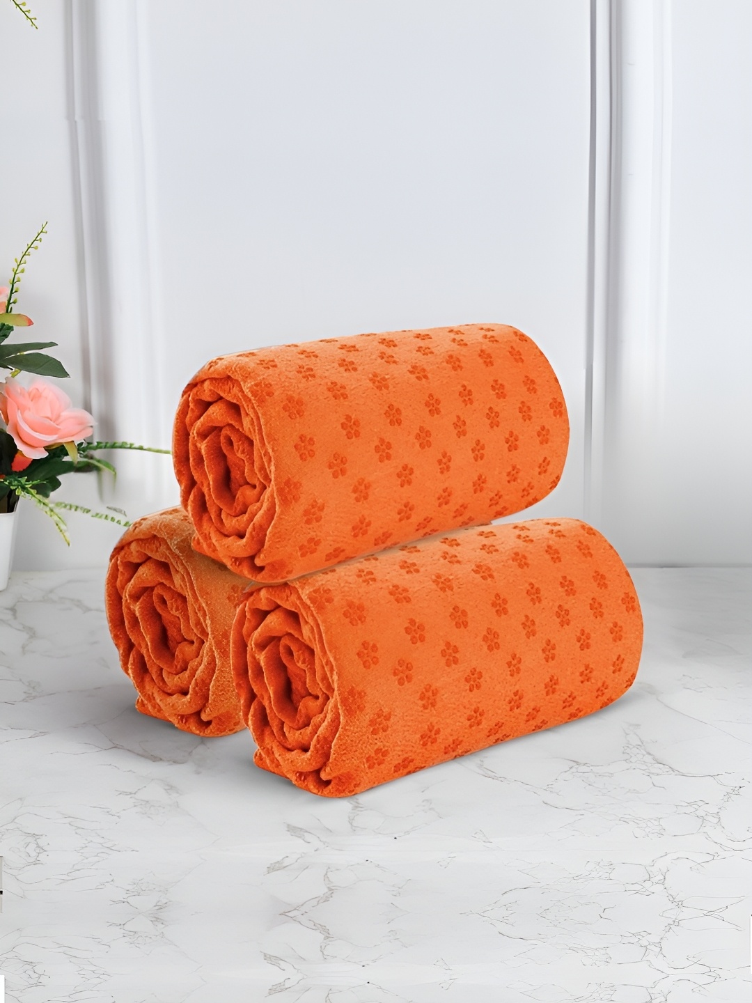 

Black Gold Orange 3 Pieces Self Design Anti-Skid Yoga Towels With Carry Bag