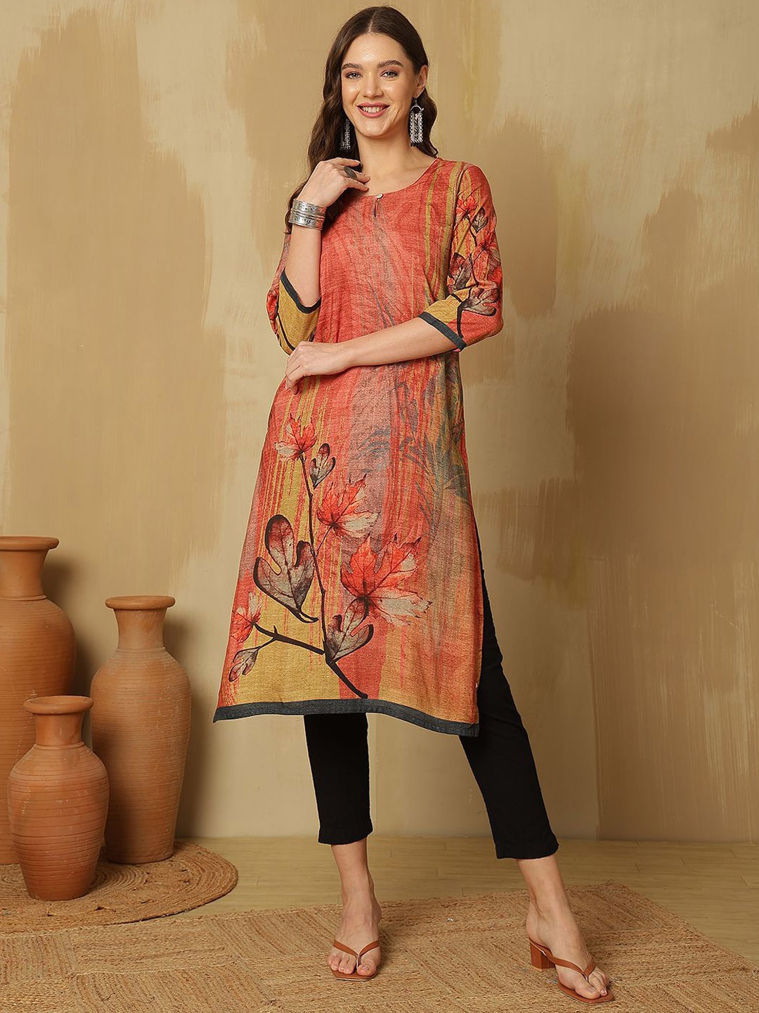 

Anouk Peach Floral Printed Keyhole Neck A-Line Kurta