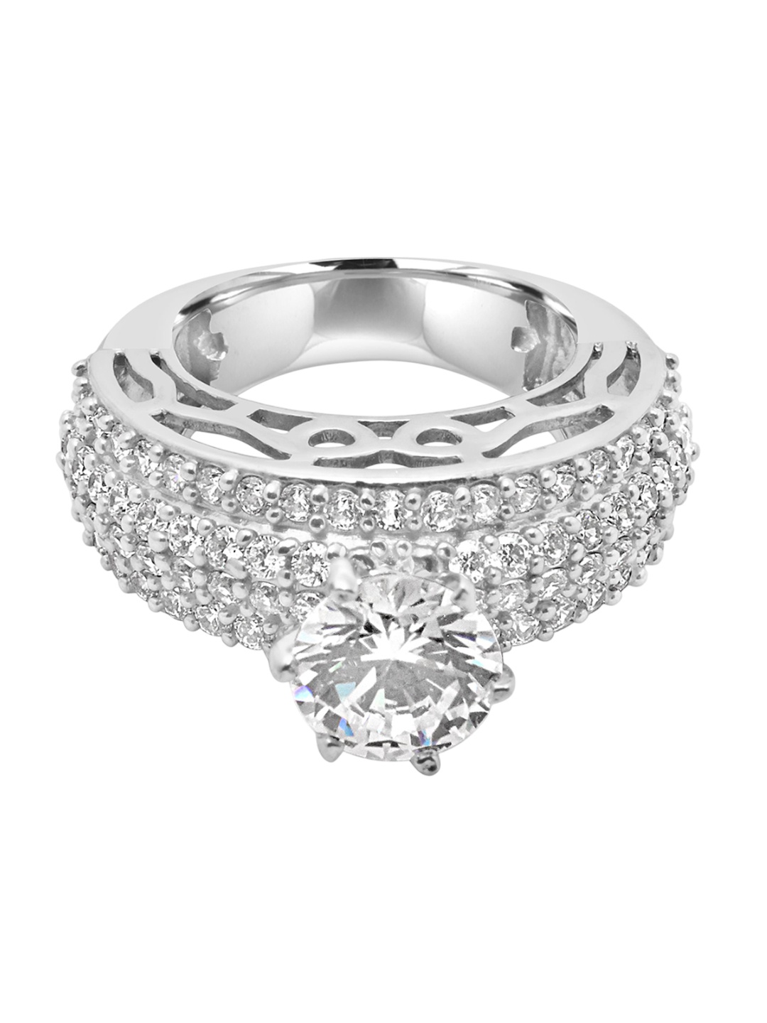 

925 SILLER 925 Sterling Silver Rhodium-Plated Cubic Zirconia-Studded Finger Ring