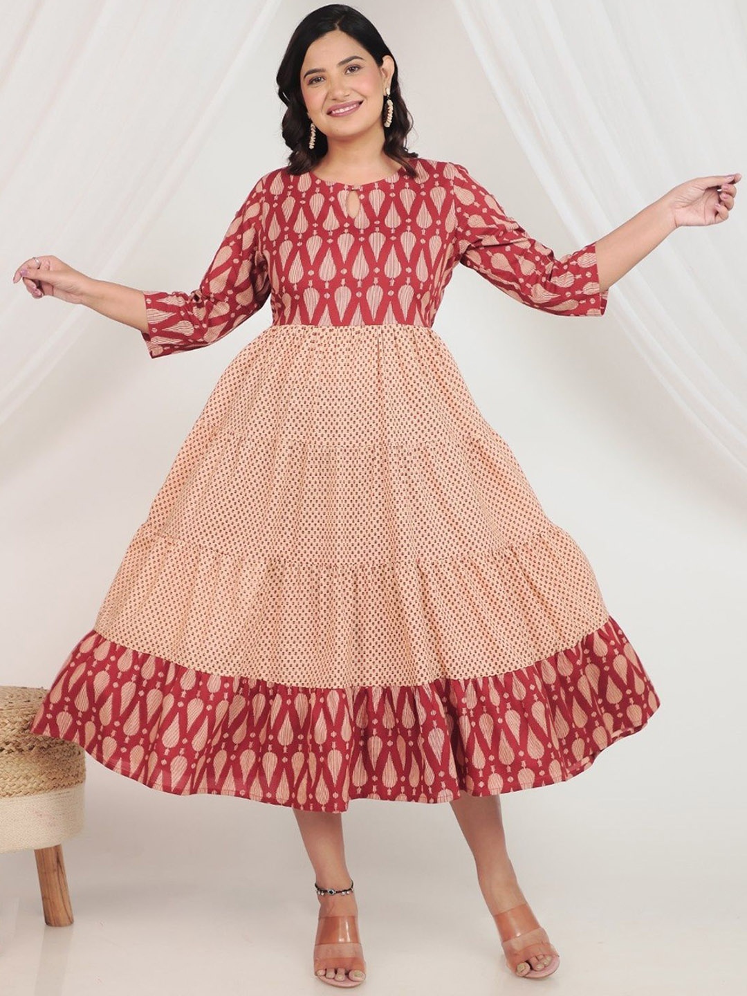 

Aramya Geometric Printed Pure Cotton Anarkali Midi Dresses, Beige