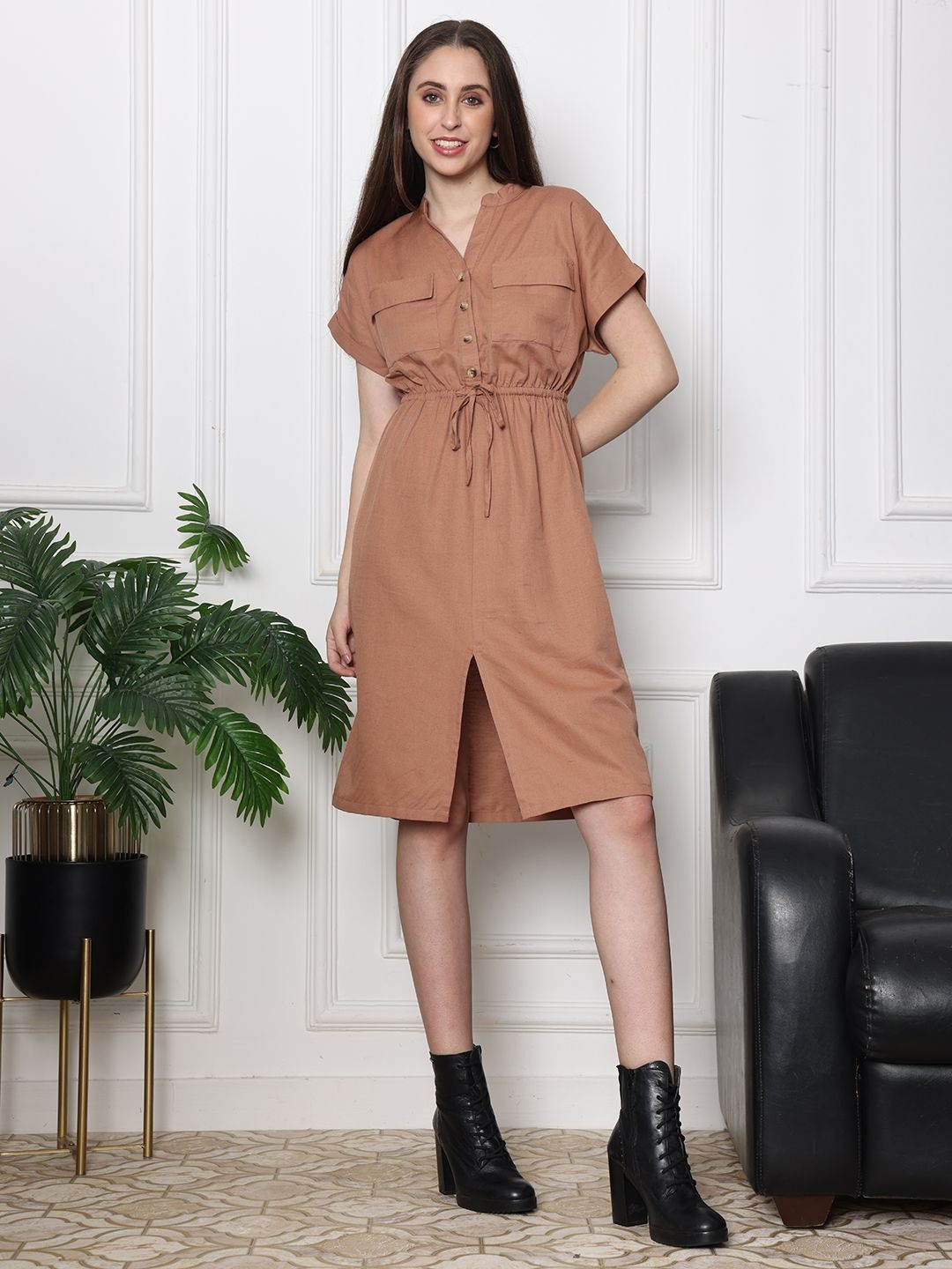 

Slumber Jill Women Mandarin Collar Shirt Dress With Pocket Detailing, Brown