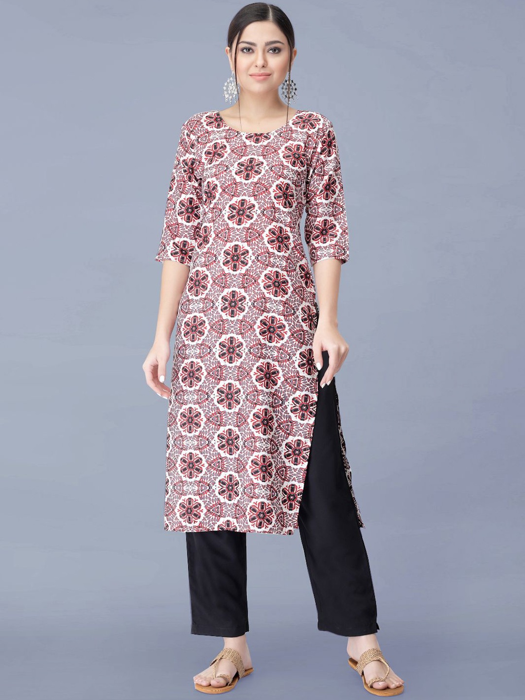 

Moda Rapido Ethnic Motifs Printed Round Neck Straight Kurta With Trousers, Red