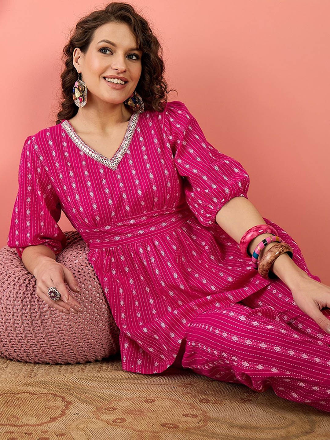 

Sangria Pink Woven Design V-Neck A-Line Pure Cotton Top With Trousers