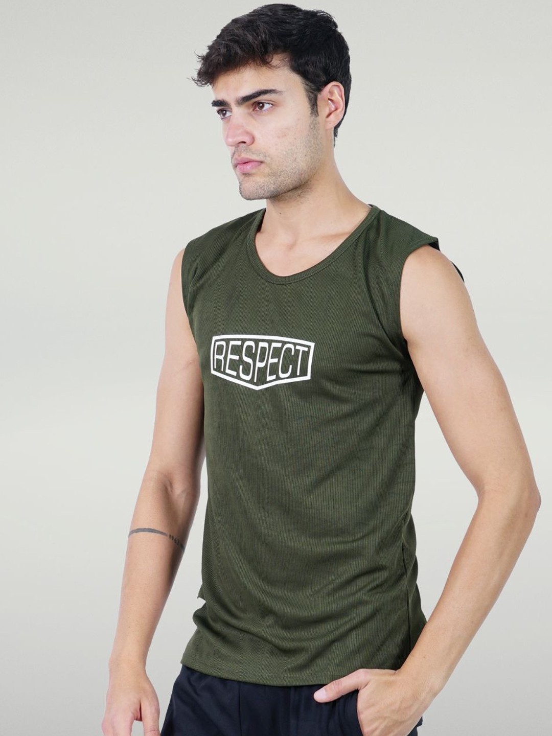 

Body Mechanics Men Printed Relaxed Fit Innerwear Gym Vest, Olive