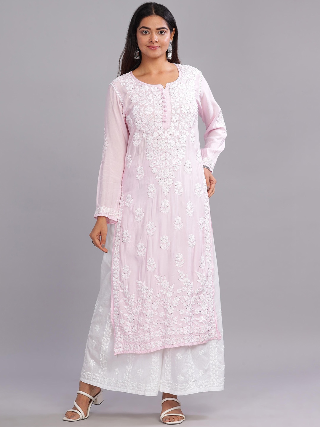 

Club Loom Women Floral Printed Chikankari Floral Kurta, Pink