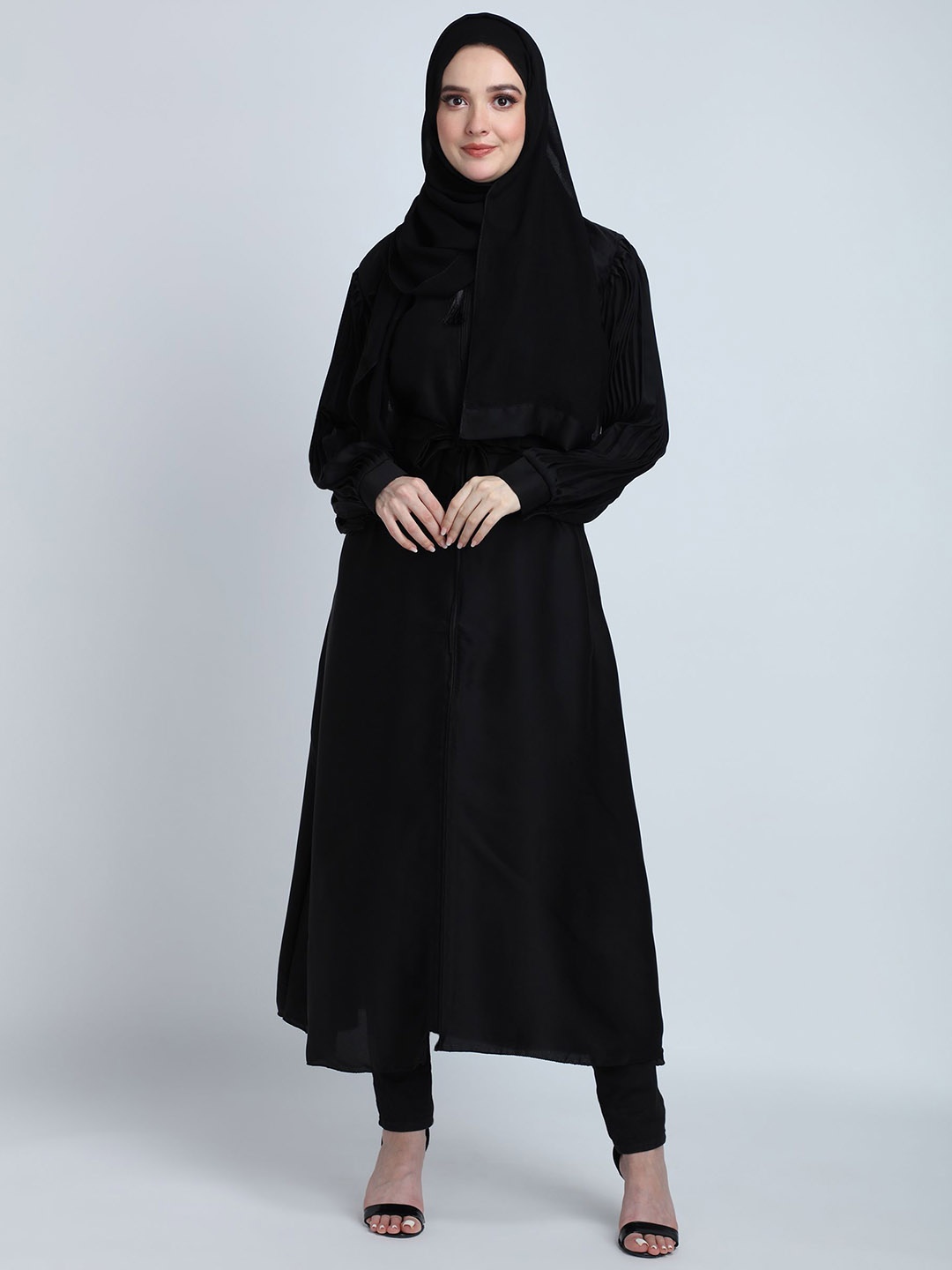 

BROKE BRAND Zipper With Pleated Sleeves Waist Belt Modest Daily Wear Abaya, Black