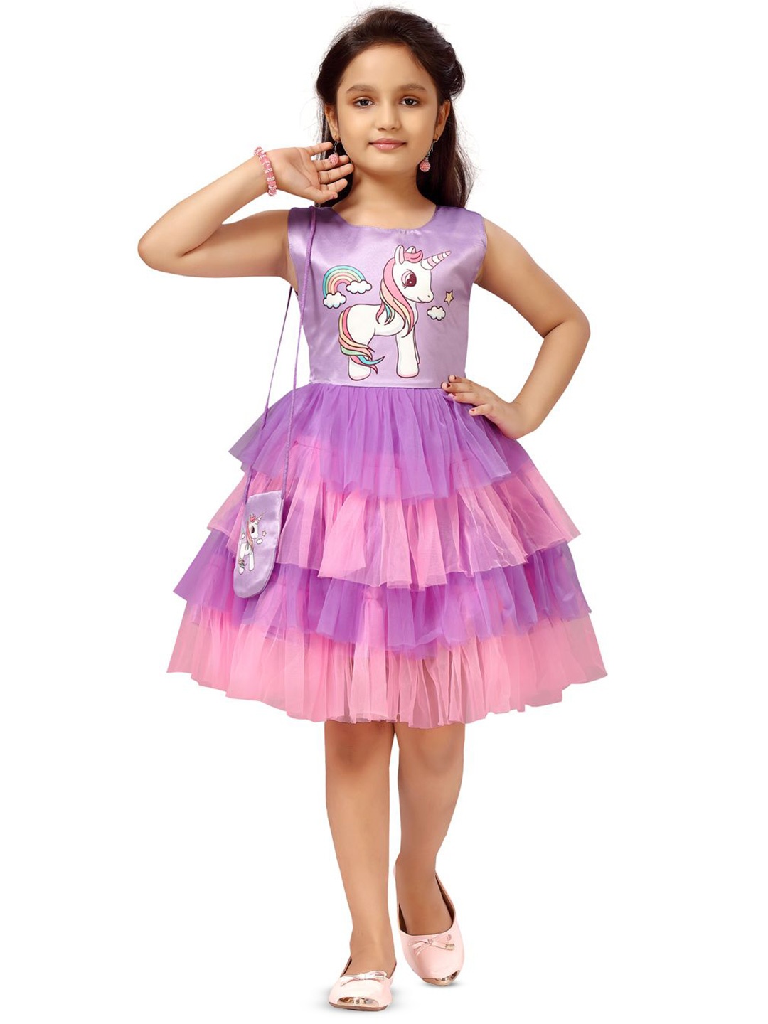 

Sangria Girls Unicorn Printed Frock with Sling Bag, Purple