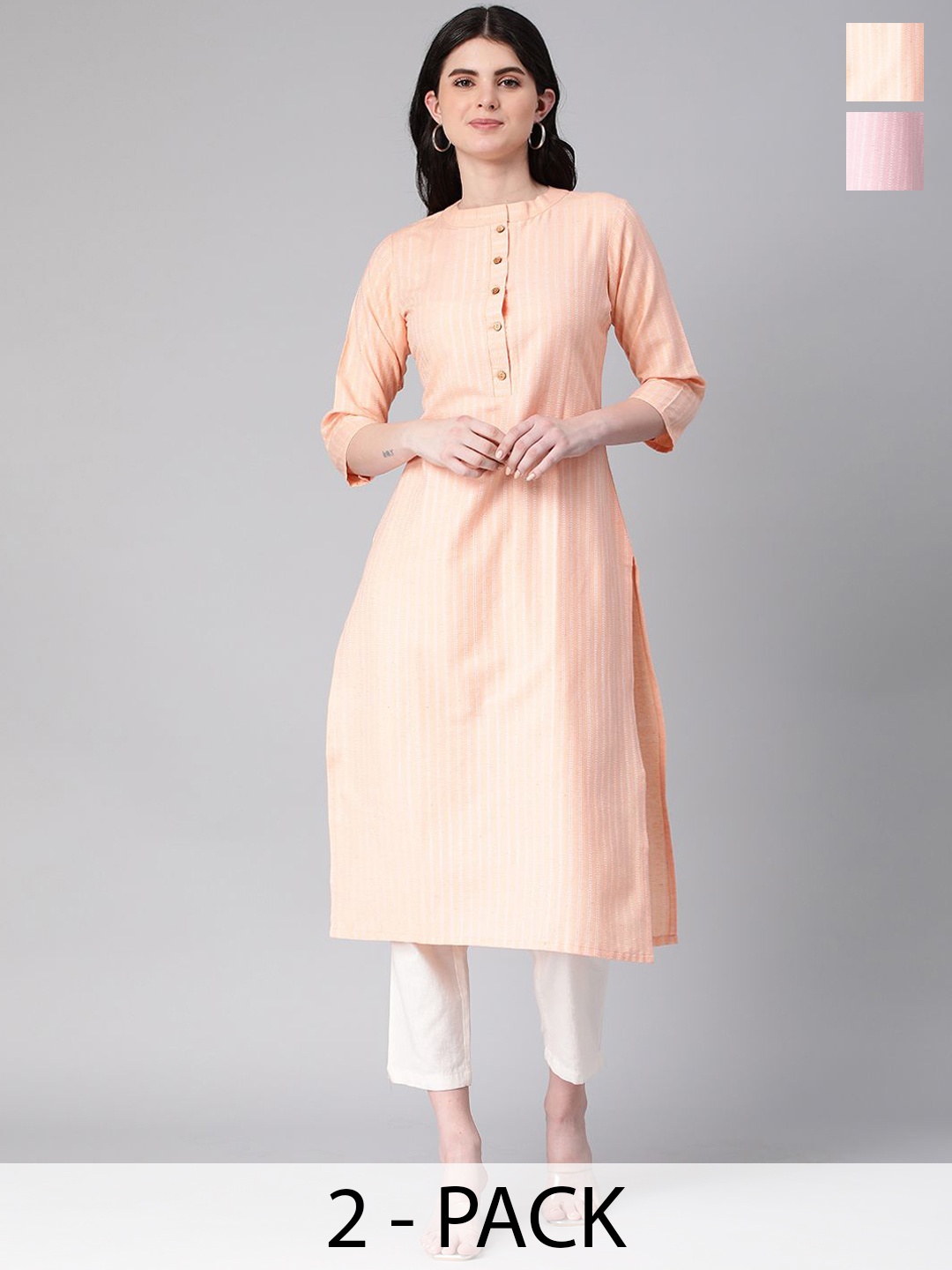 

KALINI Selection Of 2 Striped Mandarin Collar Cotton Straight Kurtas, Pink
