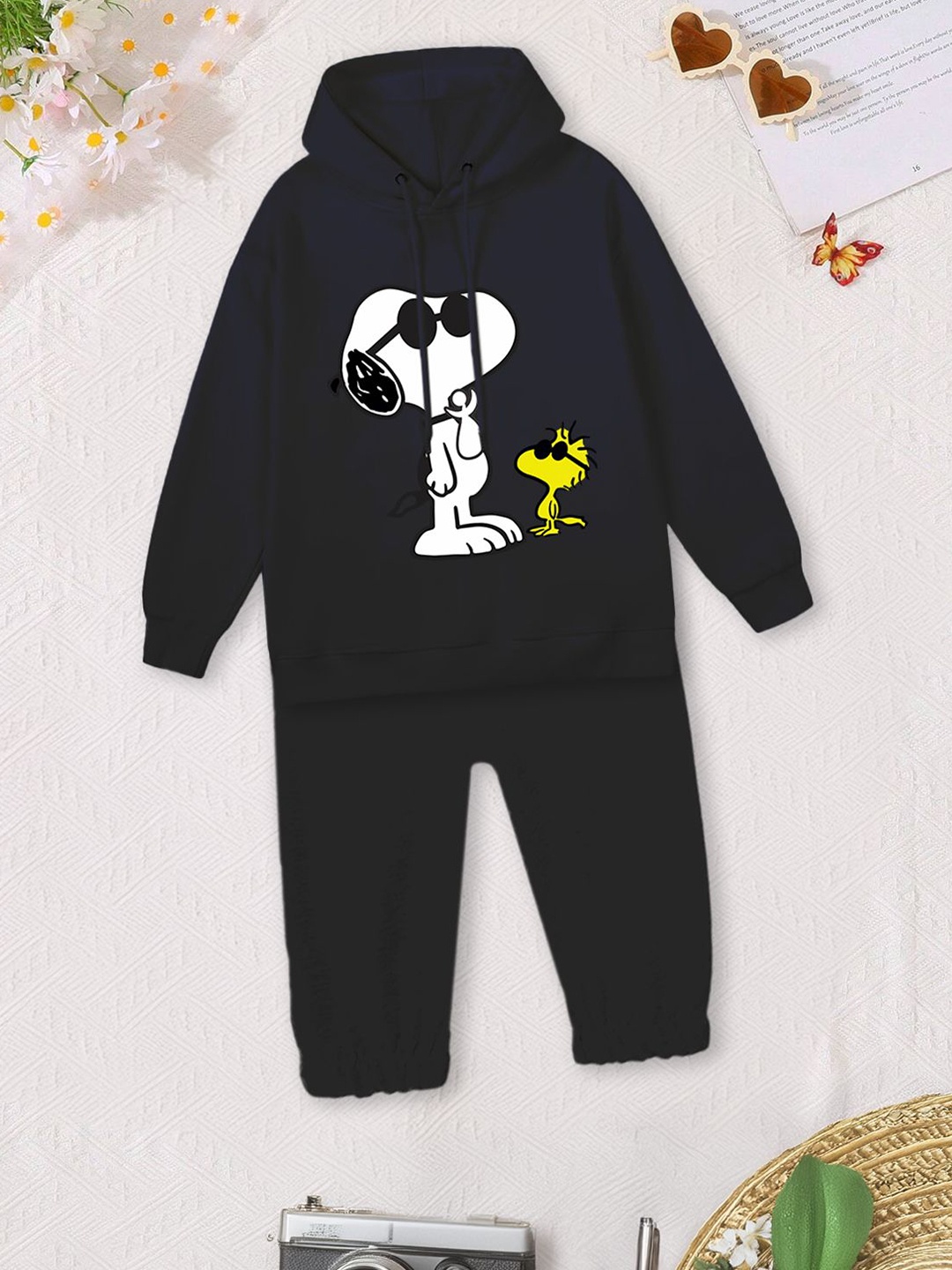 

FOREVER FRIDAY Girls Printed Hooded Pure Cotton Sweatshirt With Joggers, Navy blue