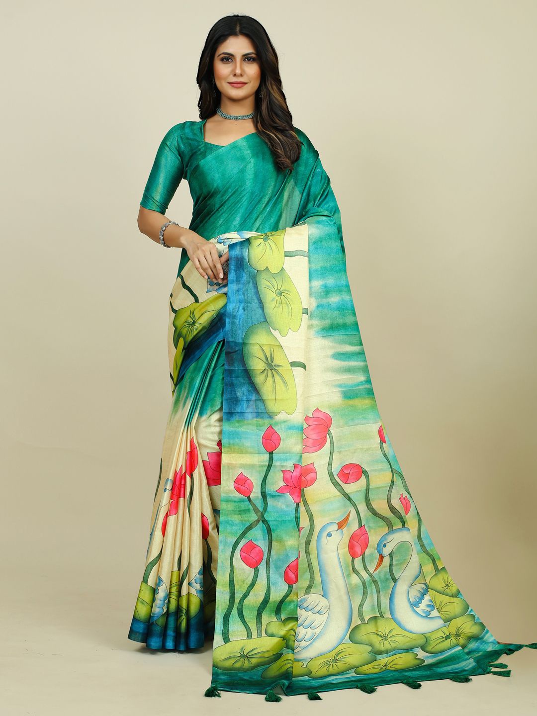 

KALINI Pichwai Animal Print Silk Blend Dabu Saree with Matching Blouse, Sea green