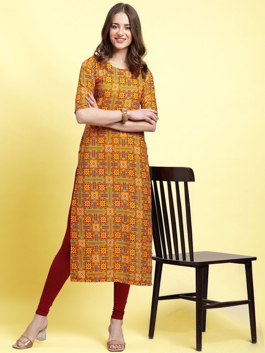 

Moda Rapido Ethnic Motifs Printed Round Neck Straight Kurta, Mustard