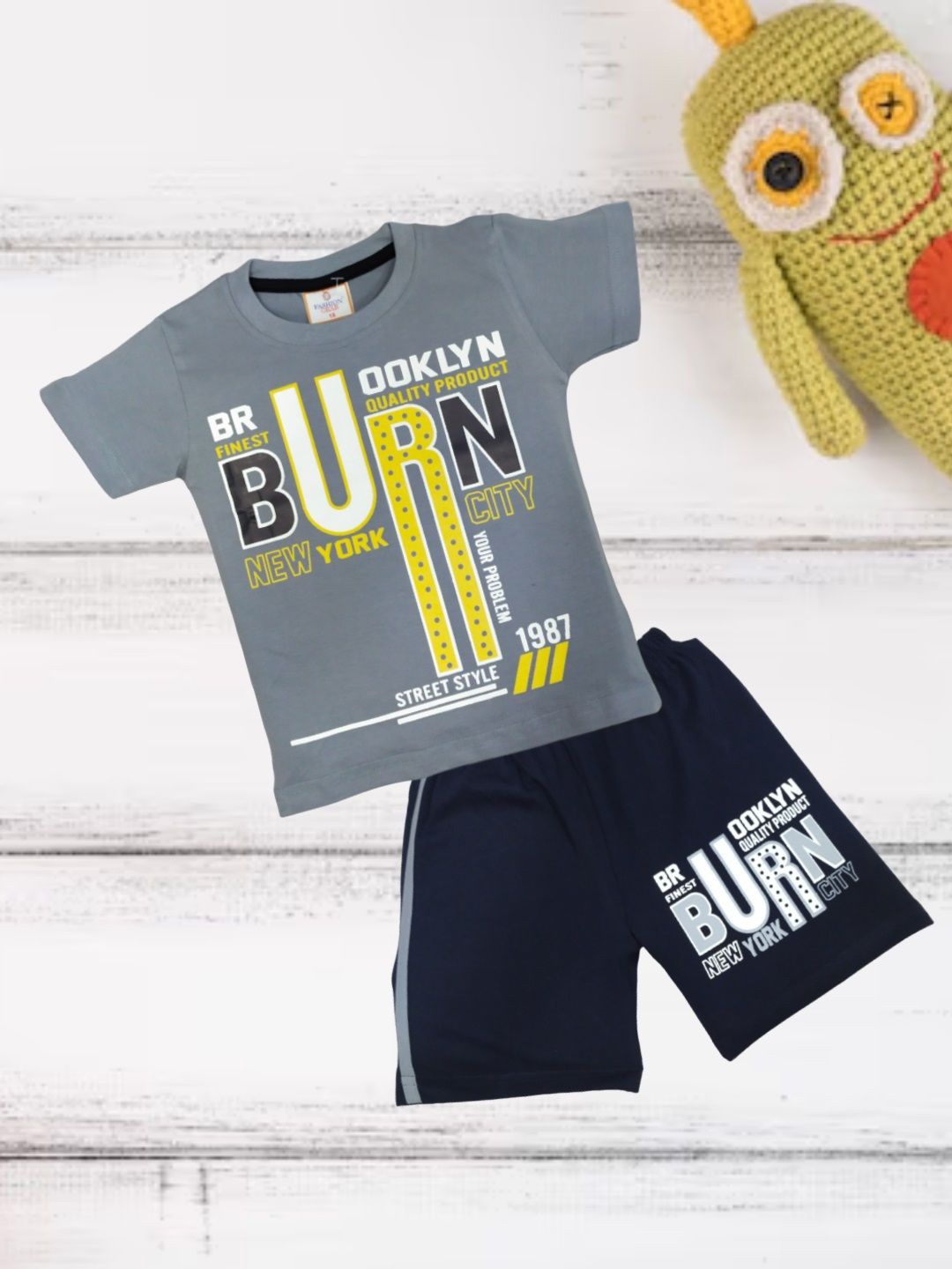 

FASHION GRAB Infant Kids Printed Pure Cotton T-Shirt With Shorts, Grey
