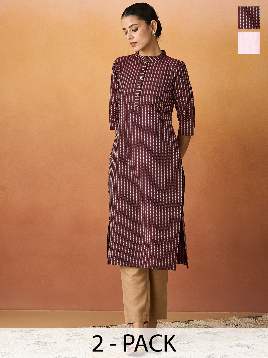 

KALINI Selection Of 2 Striped Mandarin Collar Straight Kurtas, Maroon