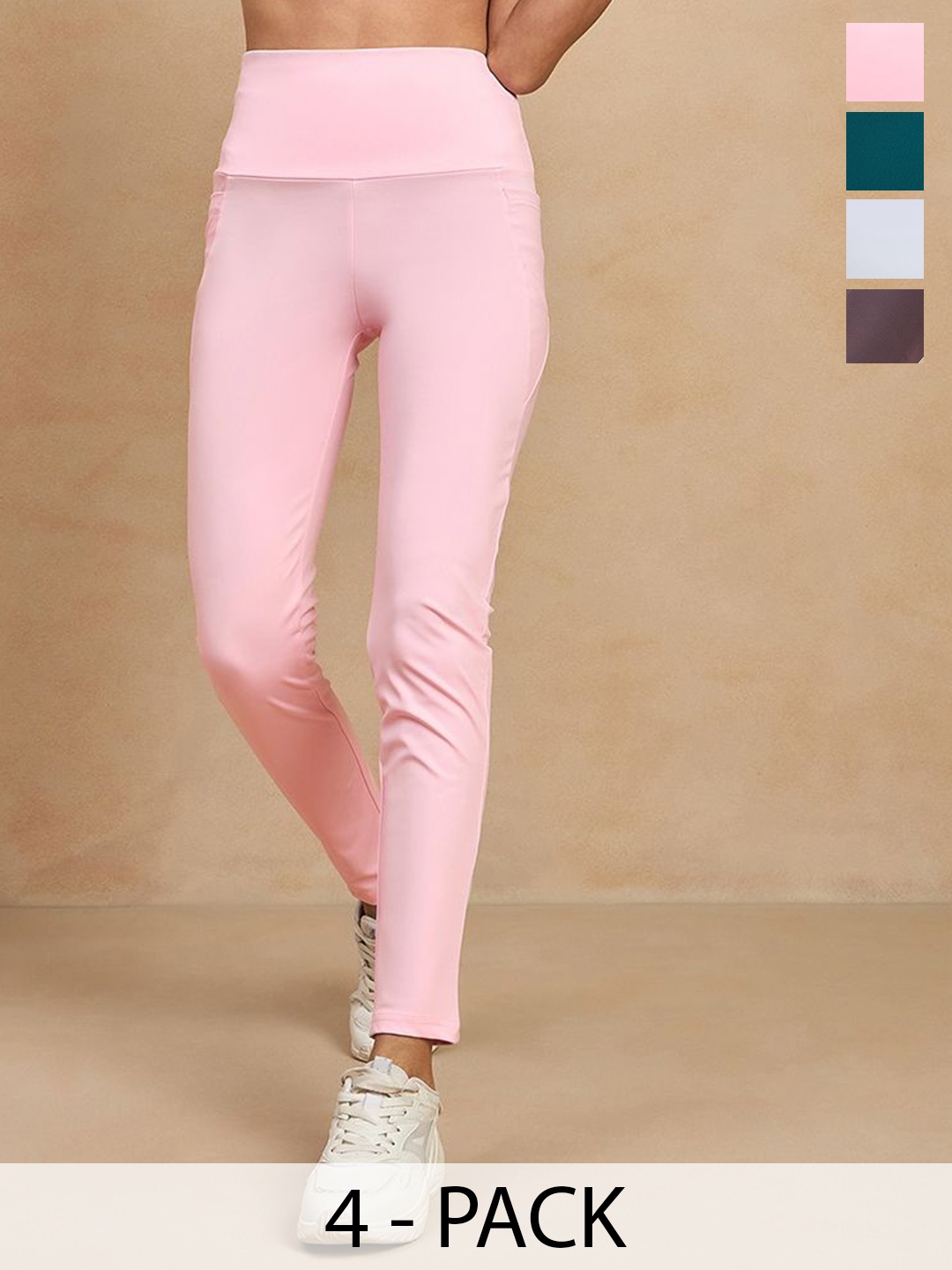 

COLOR CAPITAL Women Pack of 4 Skin Fit Antimicrobial Gym Tights, Pink