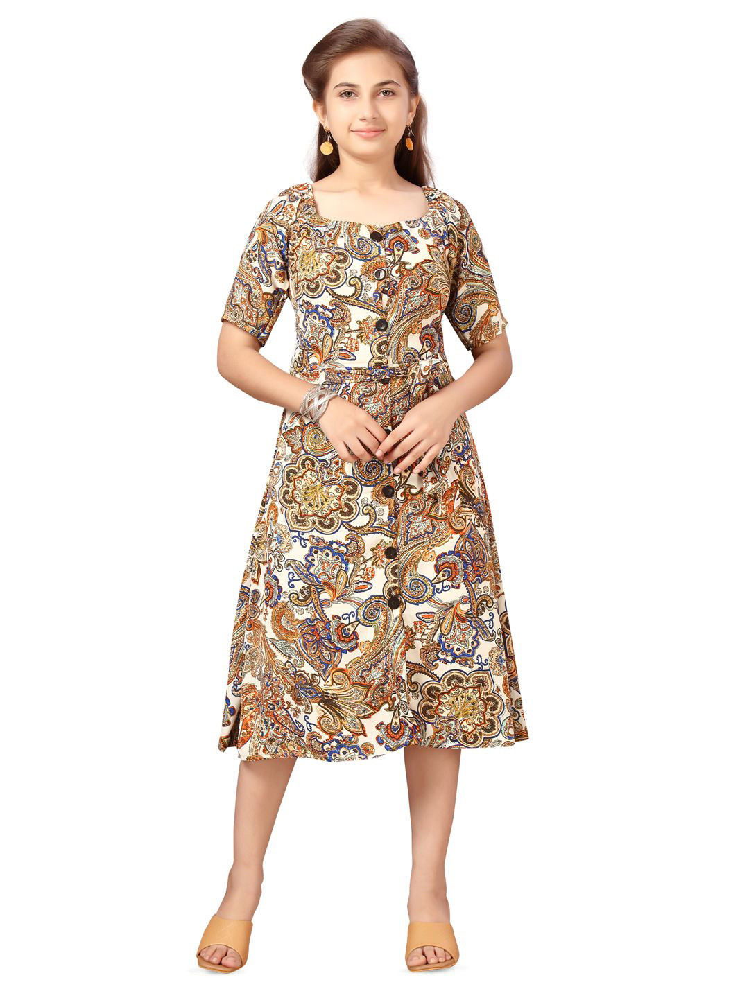 

BAESD Ethnic Motifs Printed A-Line Midi Dress, Brown