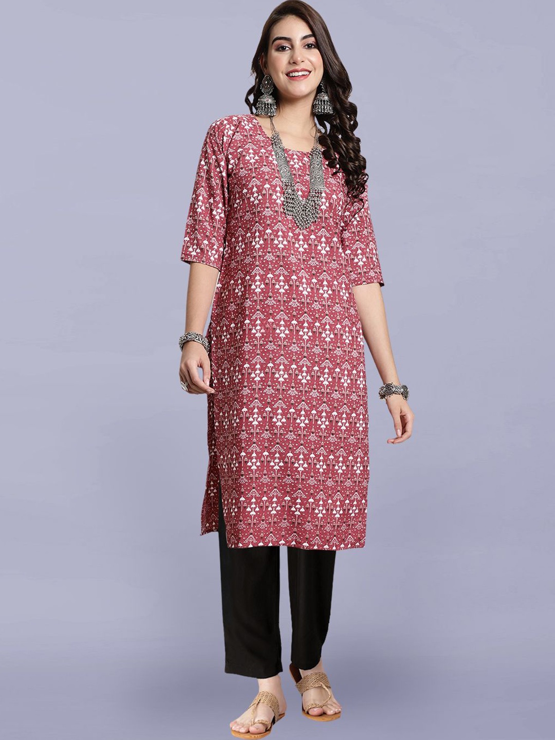 

Moda Rapido Ethnic Motifs Printed Round Neck Straight Kurta With Trousers, Pink