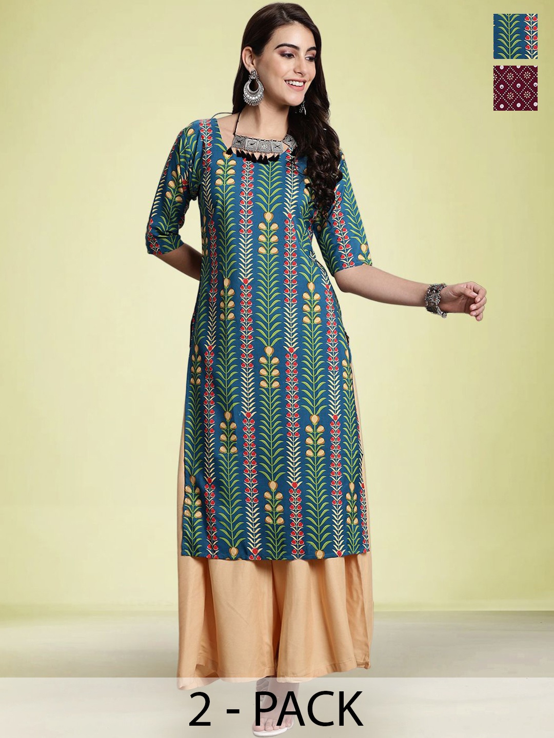 

Moda Rapido Selection Of 2 Floral Printed Round Neck Straight Kurtas, Blue