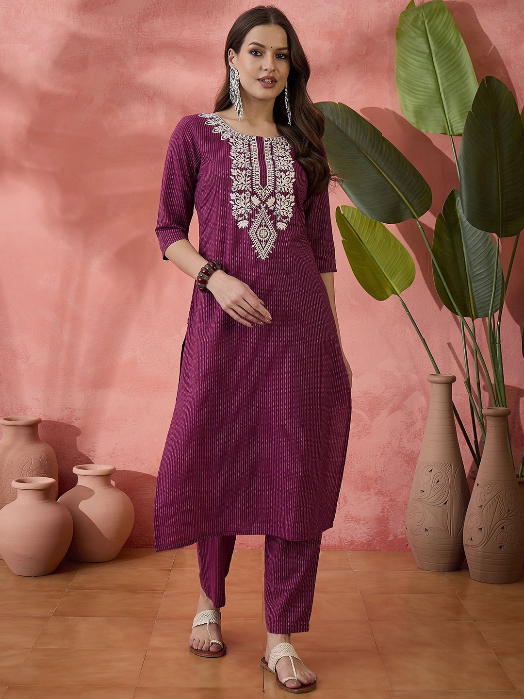

Sangria Magenta Floral Embroidered Pure Cotton Kantha Work Straight Kurta With Trousers
