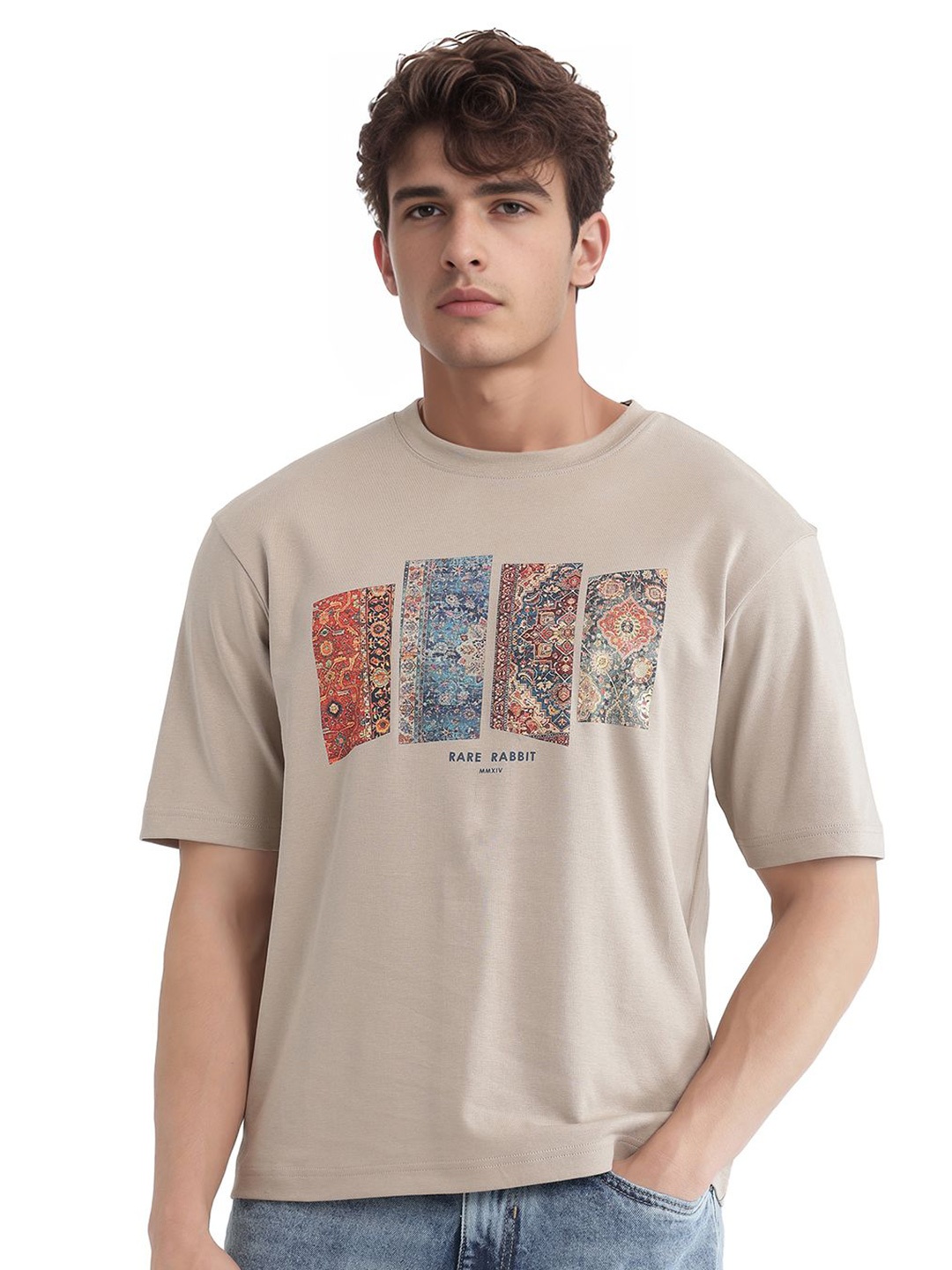 

RARE RABBIT Men Graphic Printed Round Neck Cotton Relaxed Fit T-shirt, Grey