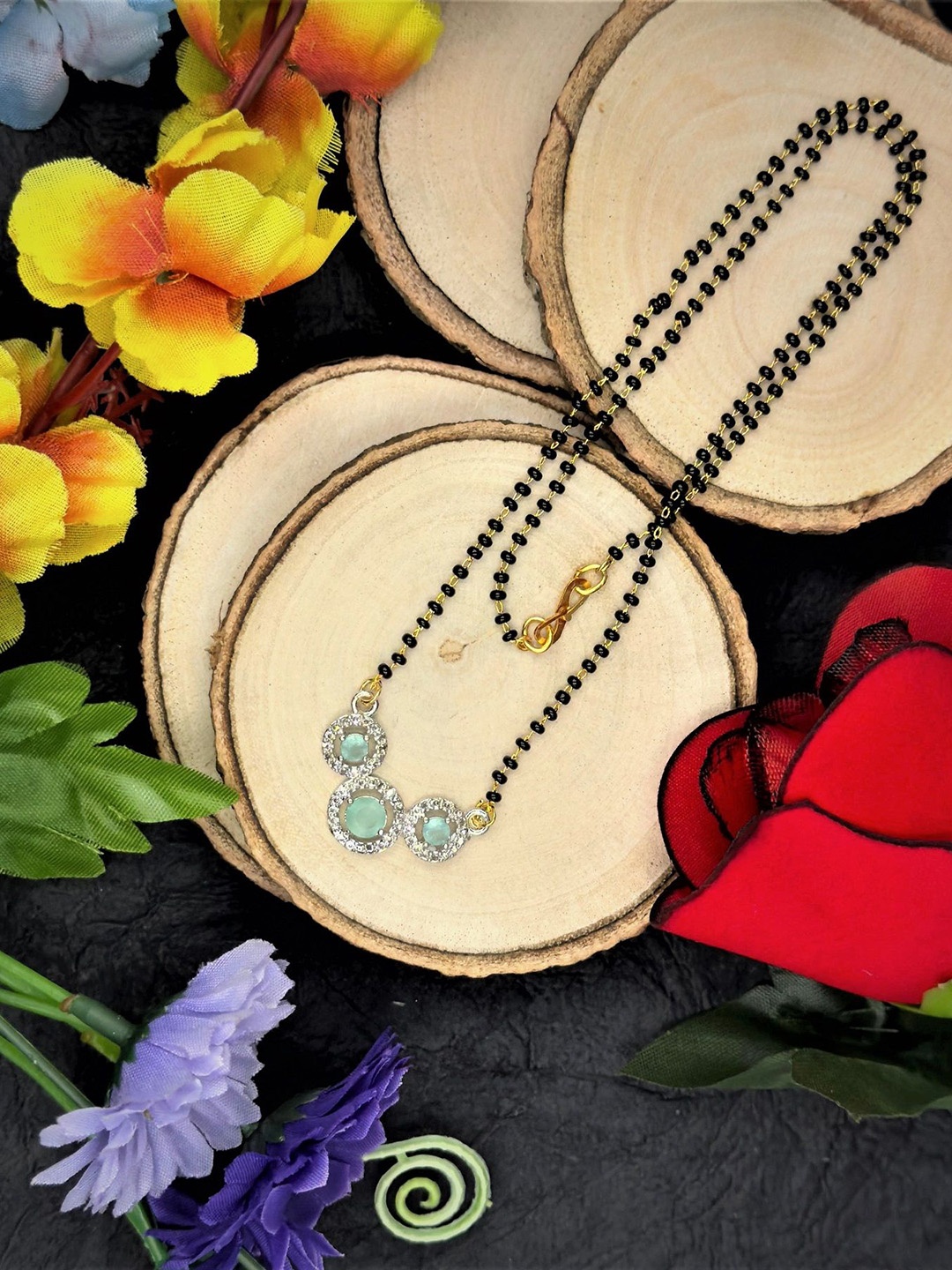

AKLINA Rhodium-Plated Artificial Stones and Beads Mangalsutra, Sea green