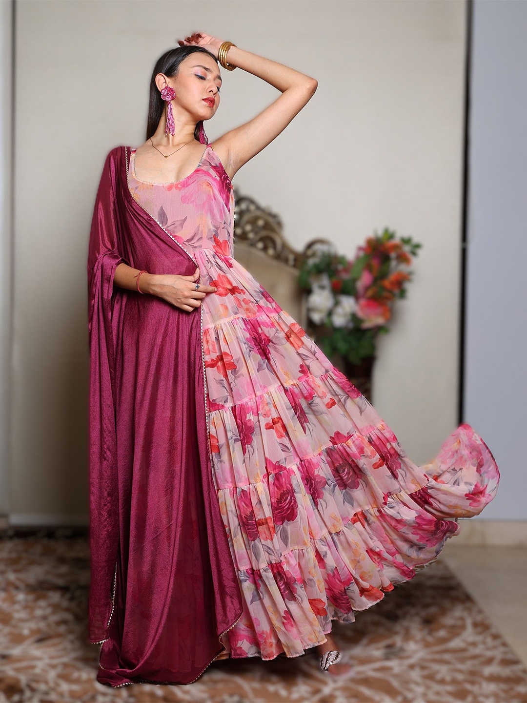 

KELLPAR Floral Print Chiffon Maxi Dress, Pink