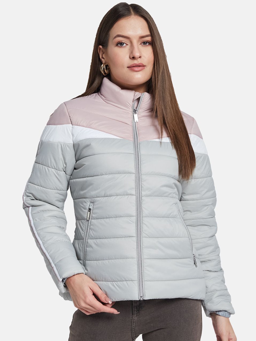 

METTLE Women Colourblocked Puffer Jacket, Grey