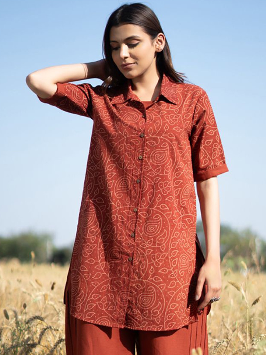 

JITI Ethnic Motifs Printed Shirt Collar Pure Cotton Shirt And Palazzo, Maroon