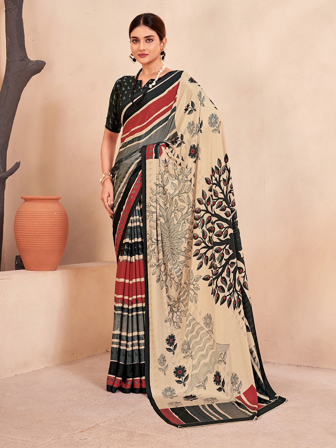 

Krimmple Floral Printed Mysore Silk Saree, Black