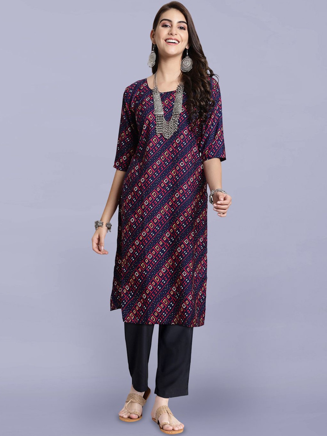 

Moda Rapido Geometric Printed Round Neck Straight Kurta With Trouser, Blue