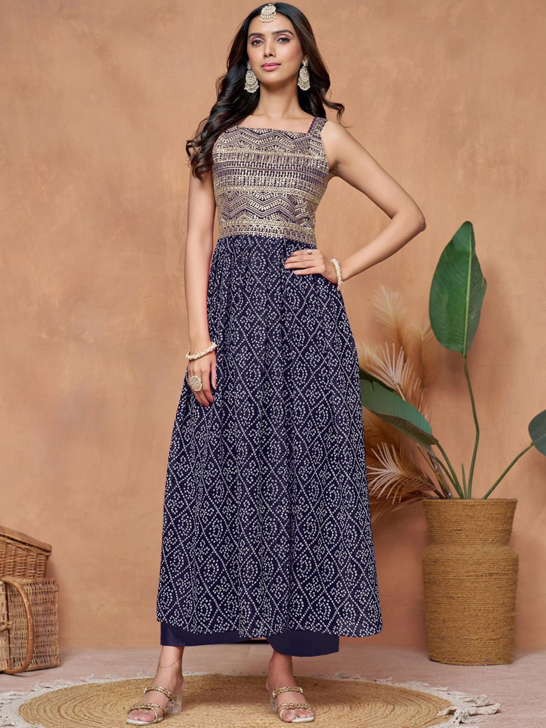 

KALINI Bandhani Printed Zari Embellished Georgette Anarkali Kurta, Navy blue