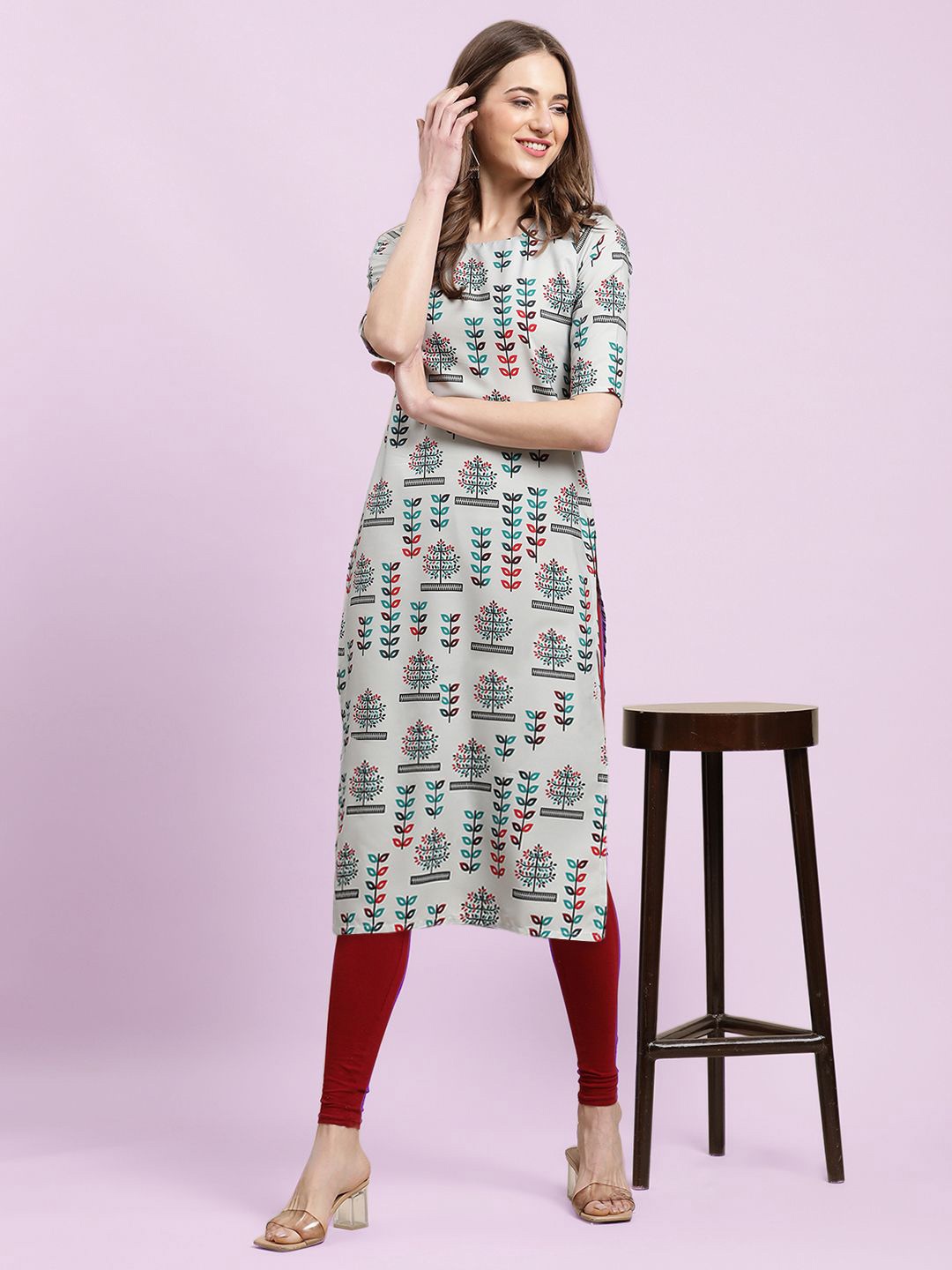 

Moda Rapido Floral Printed Round Neck Straight Kurta, Grey