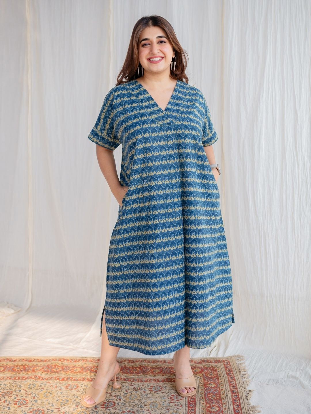 

THE INDIAN ETHNIC CO Print A-Line Midi Dress, Blue