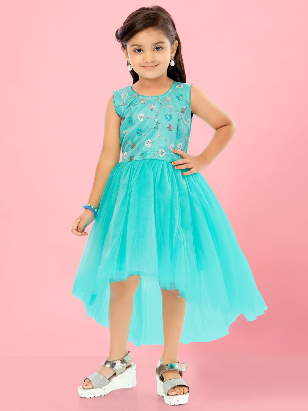 

BAESD Girls Embellished Net High-Low Fit & Flare Dress, Turquoise blue