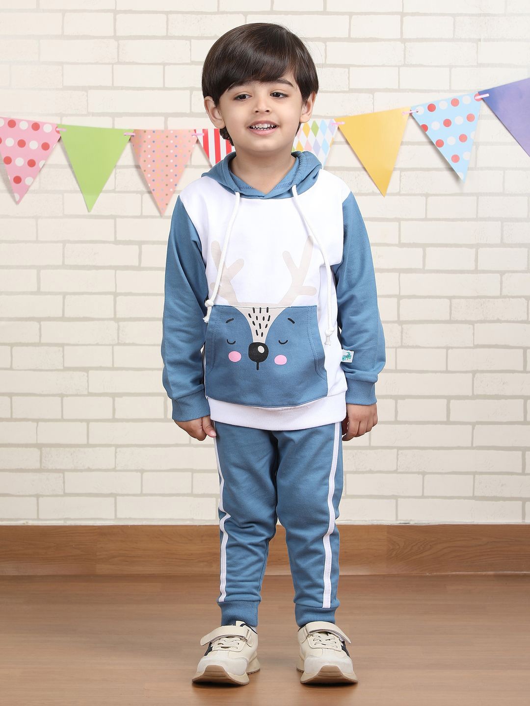 

Polka Tots Kids Printed Hooded Pure Cotton Sweatshirt With Jogger, Blue