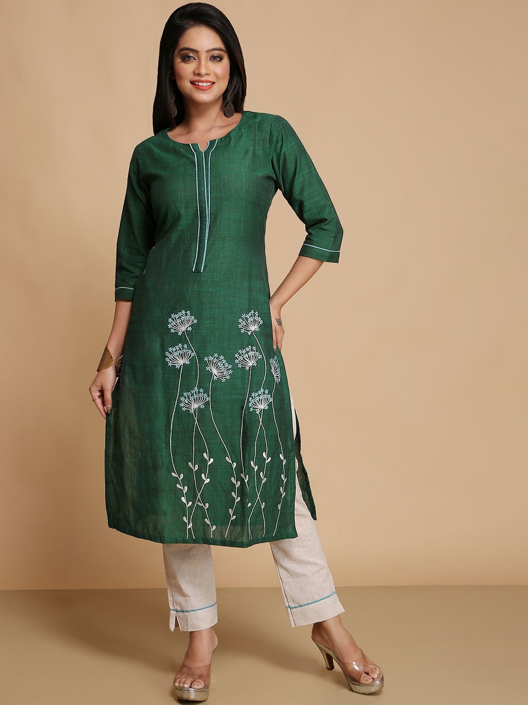 

WoodenTant Floral Embroidered Thread Work Pure Cotton Straight Kurta With Trouser, Green