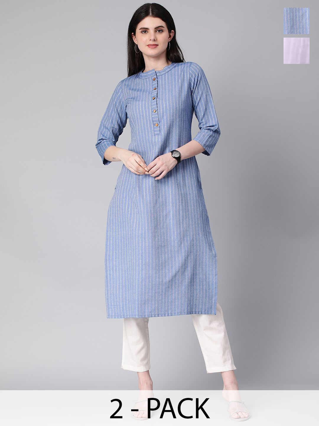 

KALINI Selection Of 2 Striped Mandarin Collar Straight Kurtas, Blue