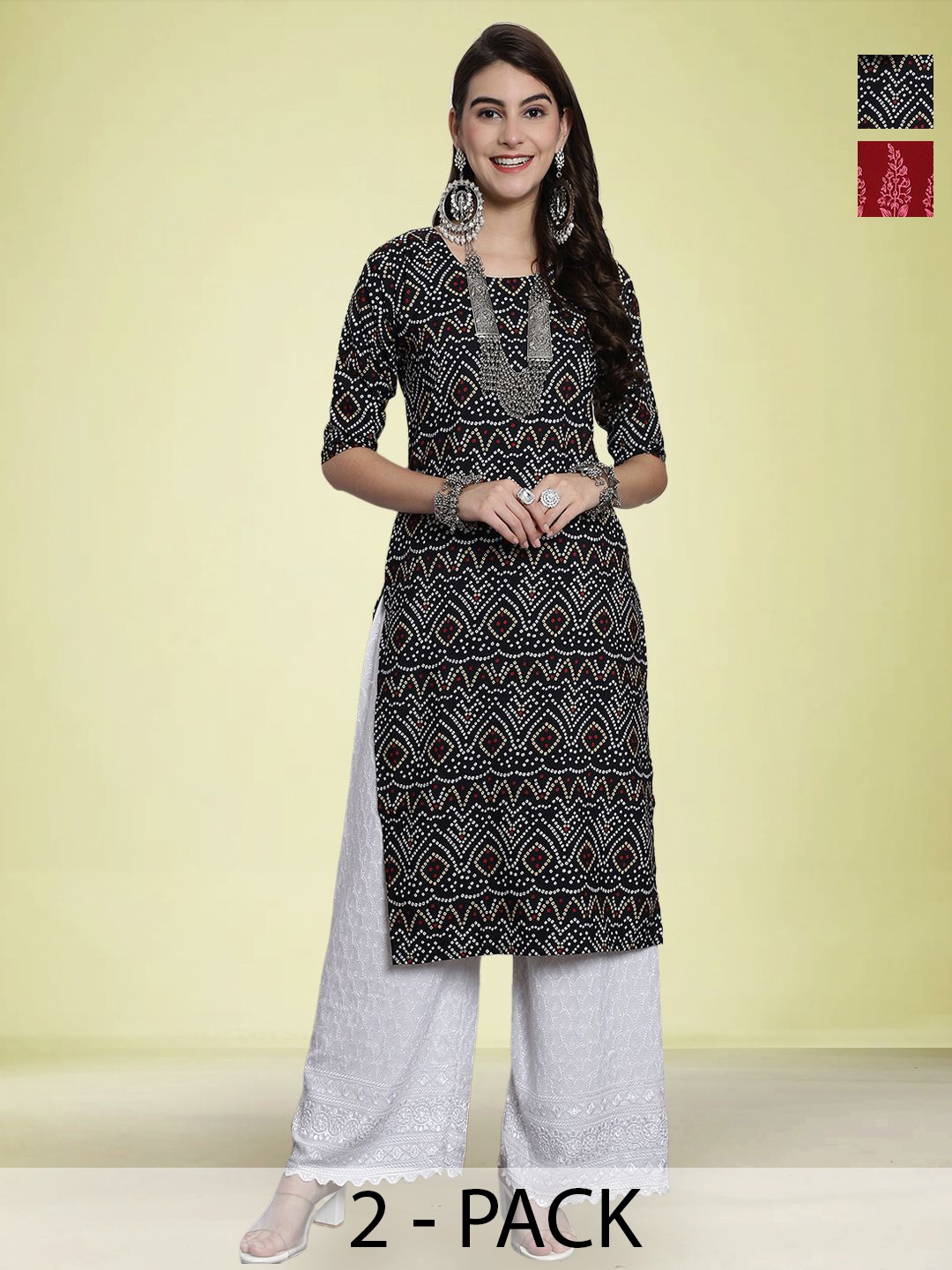 

Moda Rapido Selection Of 2 Ethnic Motifs Printed Round Neck Straight Kurtas, Black