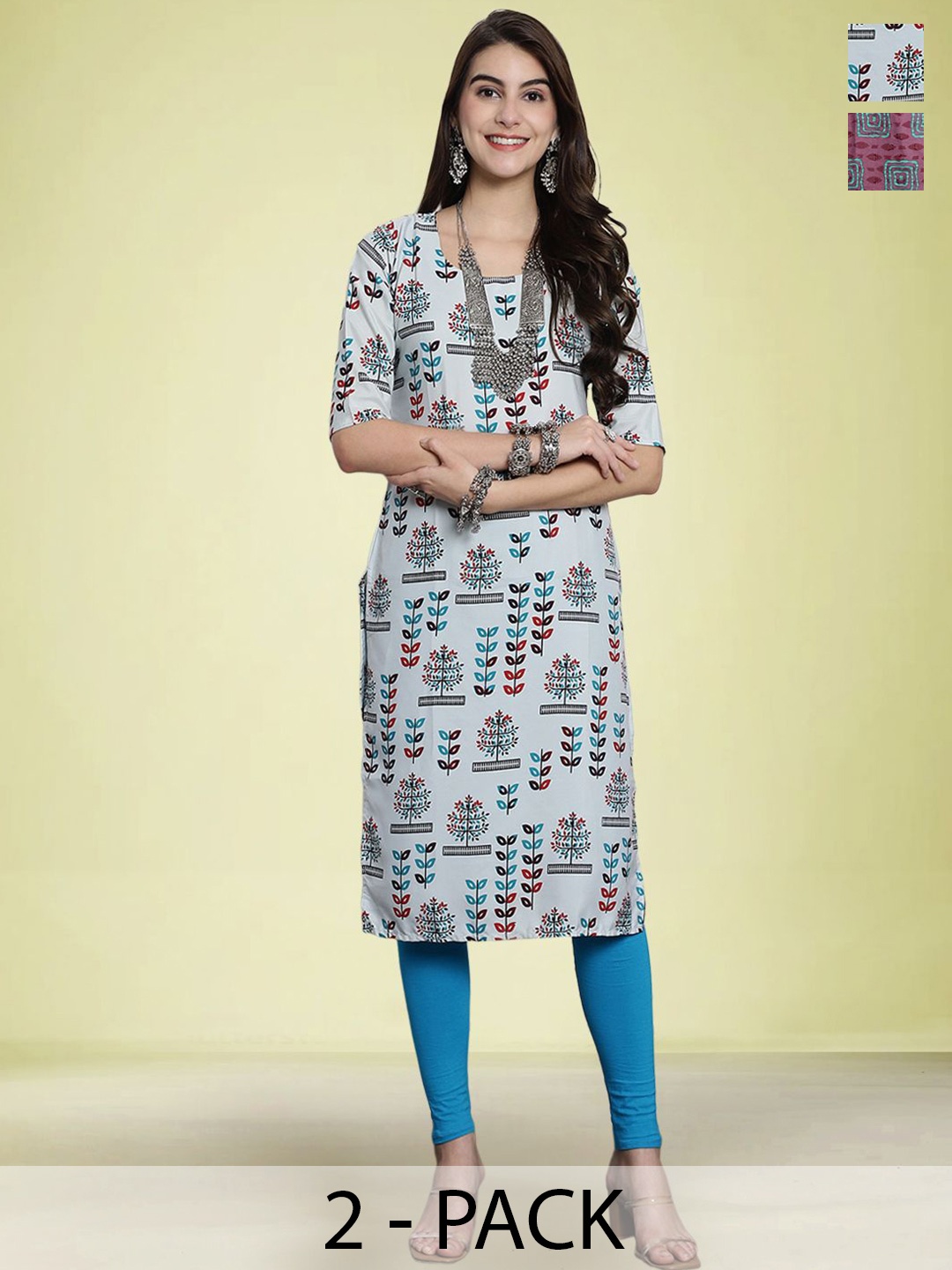 

Moda Rapido Selection Of 2 Floral Printed Straight Kurta, Blue