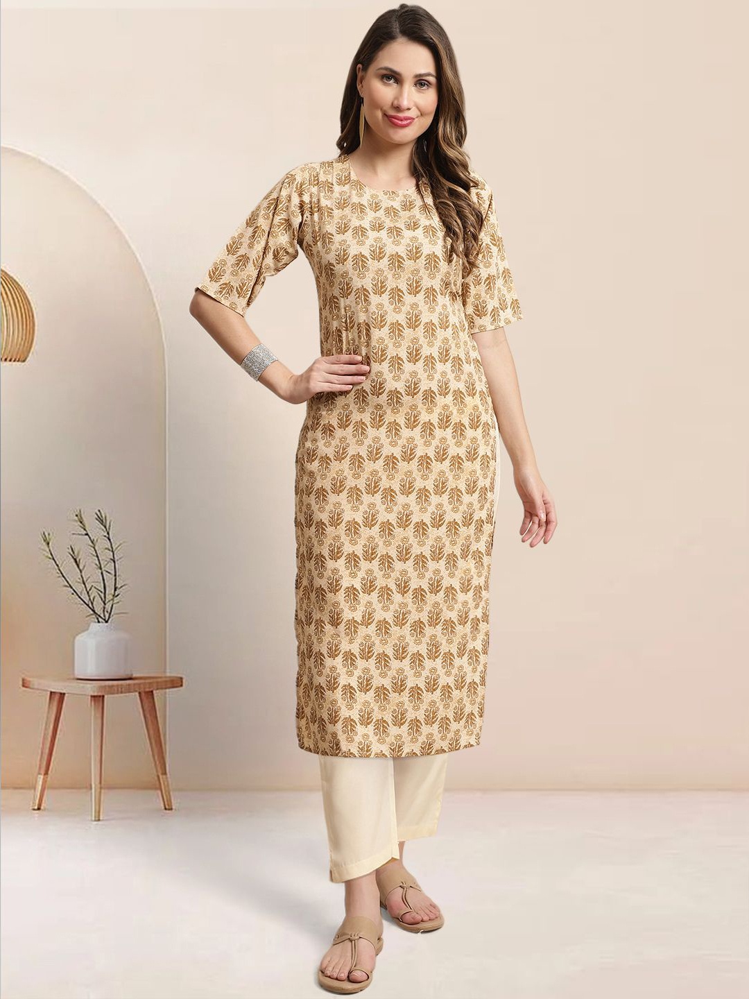 

Moda Rapido Floral Printed Round Neck Straight Kurta With Trouser, Beige