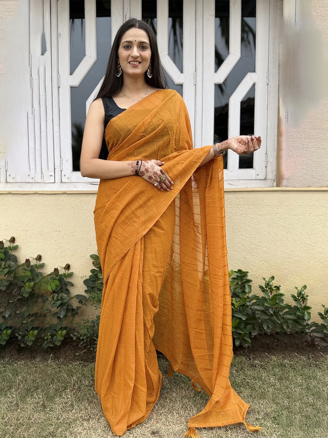 

LADY SHOPI Striped Pure Chiffon Saree, Mustard