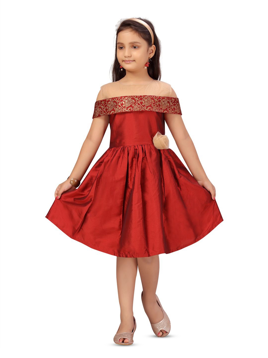 

HERE&NOW Girls Off-Shoulder Floral Applique Fit & Flare Dress, Maroon