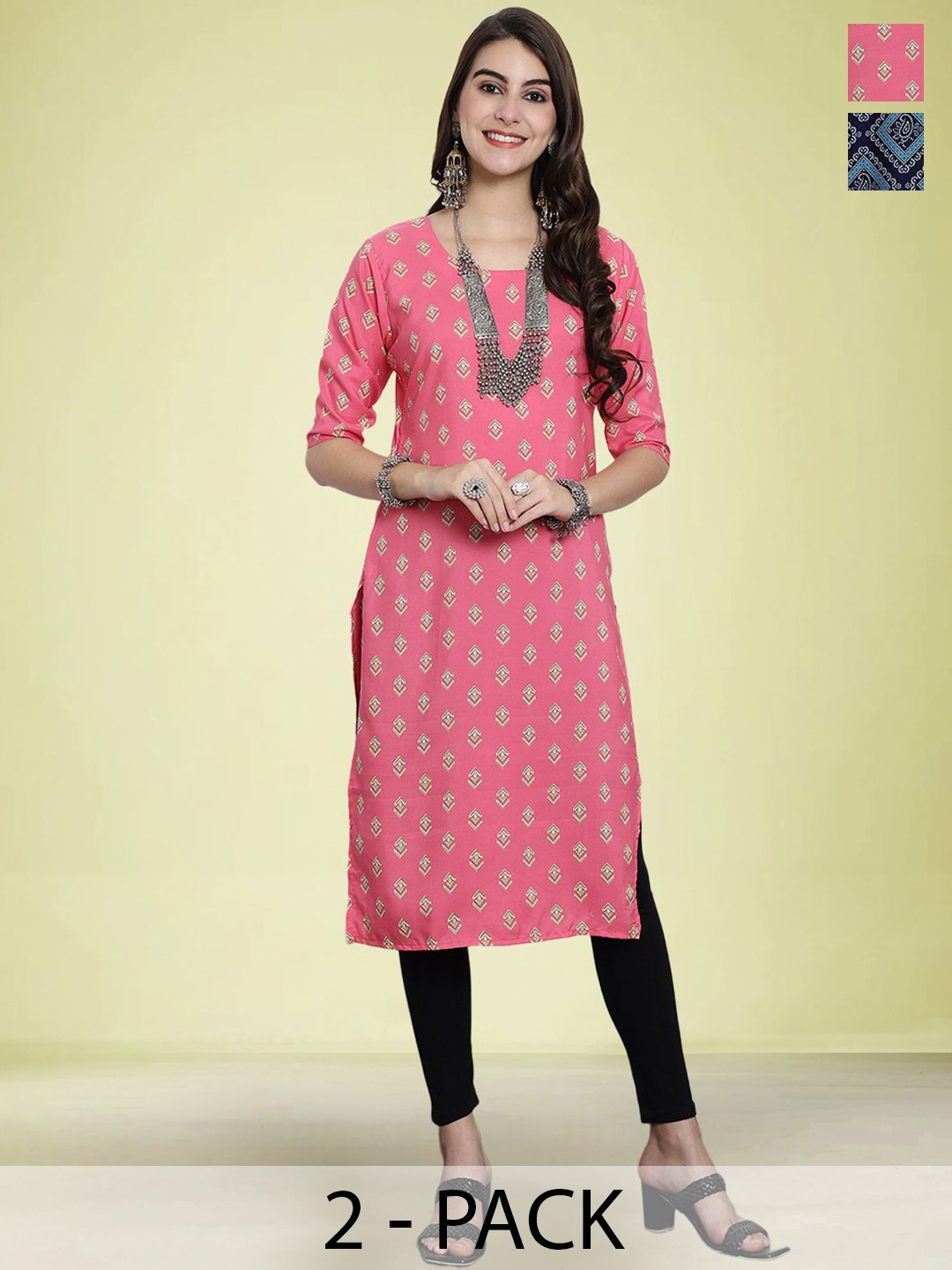 

Moda Rapido Selection Of 2 Ethnic Motifs Printed Round Neck Straight Kurtas, Pink