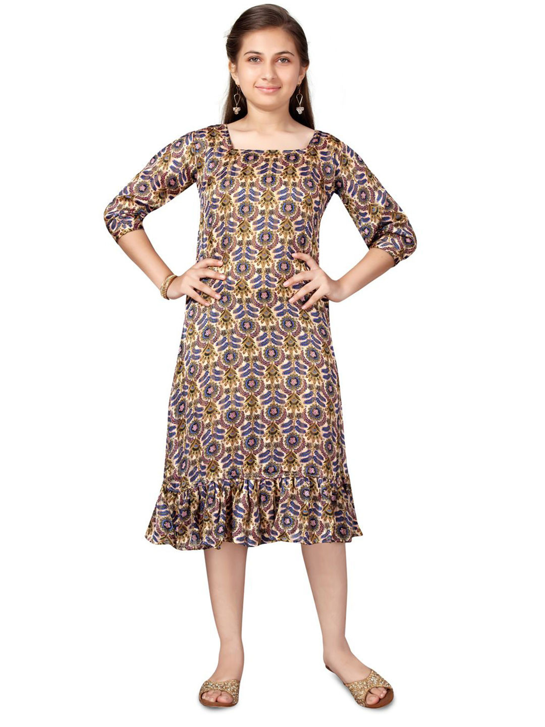 

HERE&NOW Girls Floral Printed Cotton Drop-Waist Midi Dress, Beige
