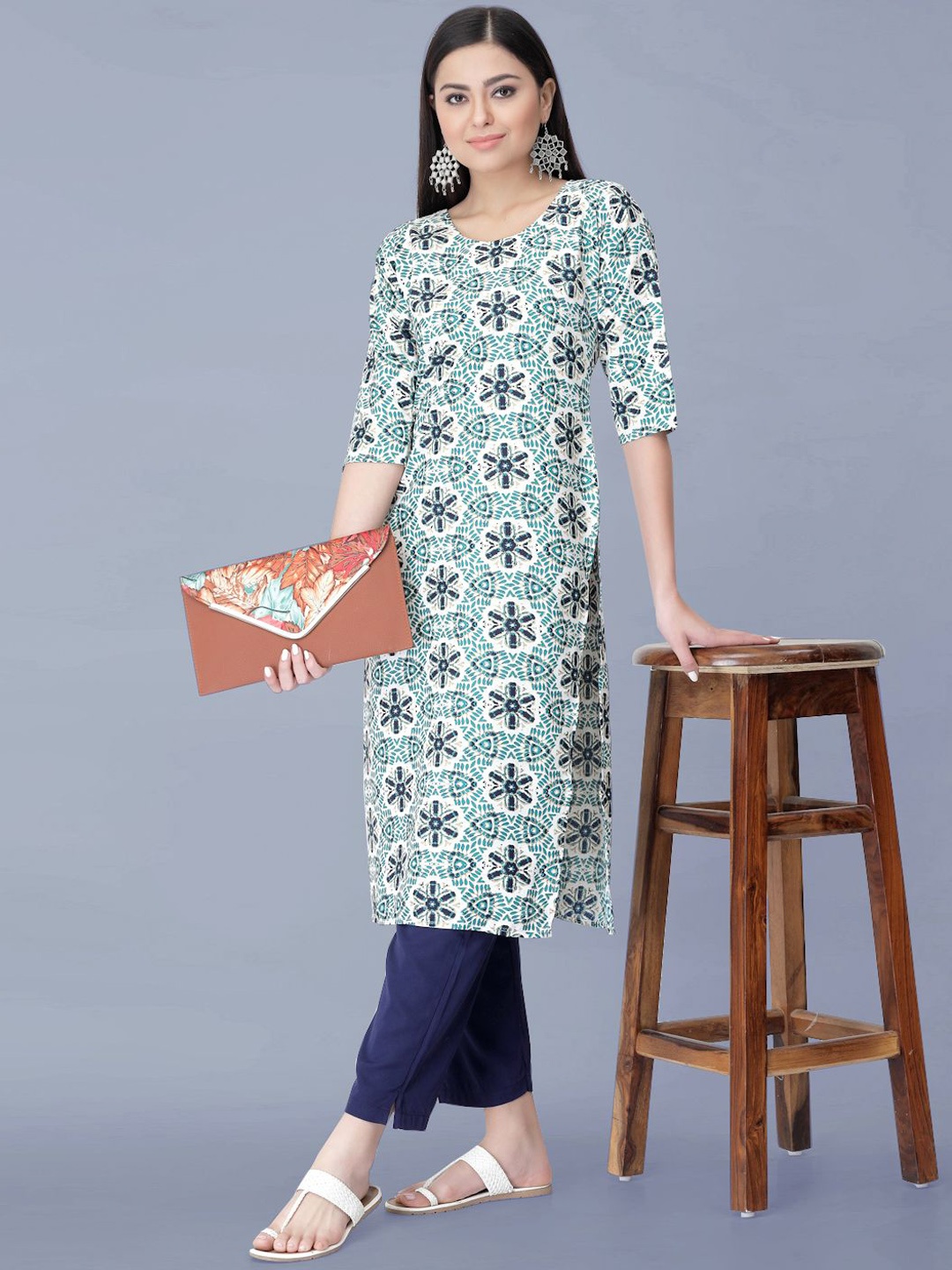 

Moda Rapido Ethnic Motifs Printed Round Neck Straight Kurta With Trousers, White