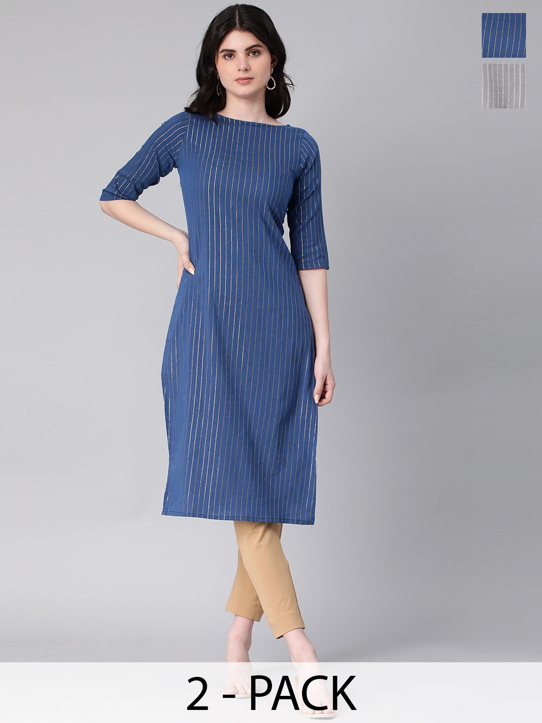 

KALINI Selection Of 2 Striped Boat Neck Cotton Straight Kurtas, Navy blue