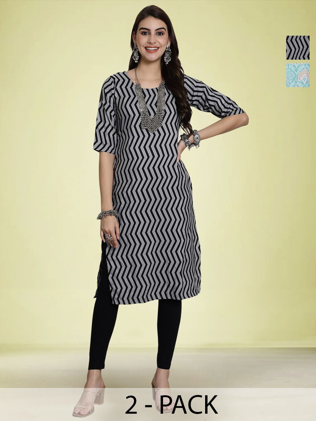 

Moda Rapido Selection Of 2 Chevron Printed Round Neck Straight Kurtas, Grey