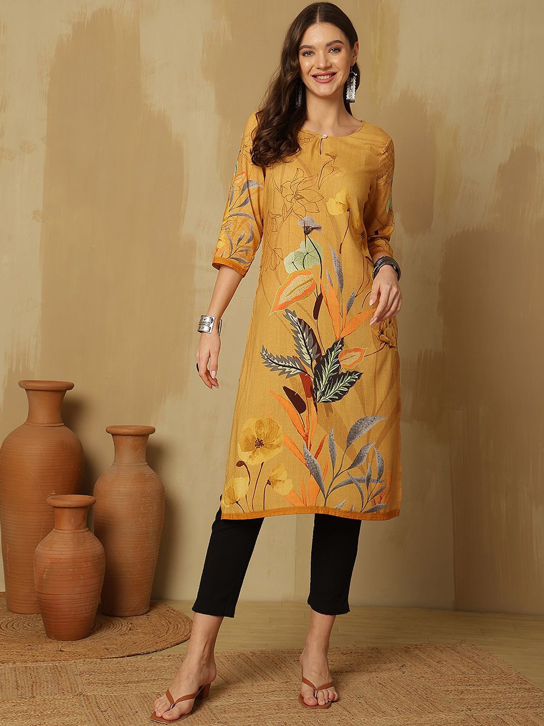 

Anouk Mustard Yellow Floral Printed Keyhole Neck Straight Kurta