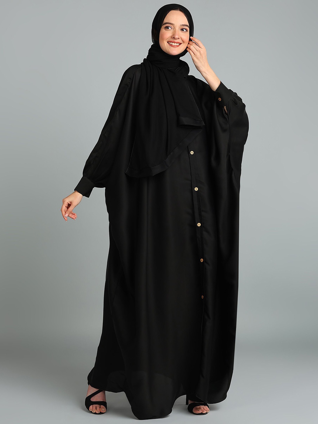 

BROKE BRAND Women Solid Round Neck Button Down Kaftan Abaya Burqa, Black