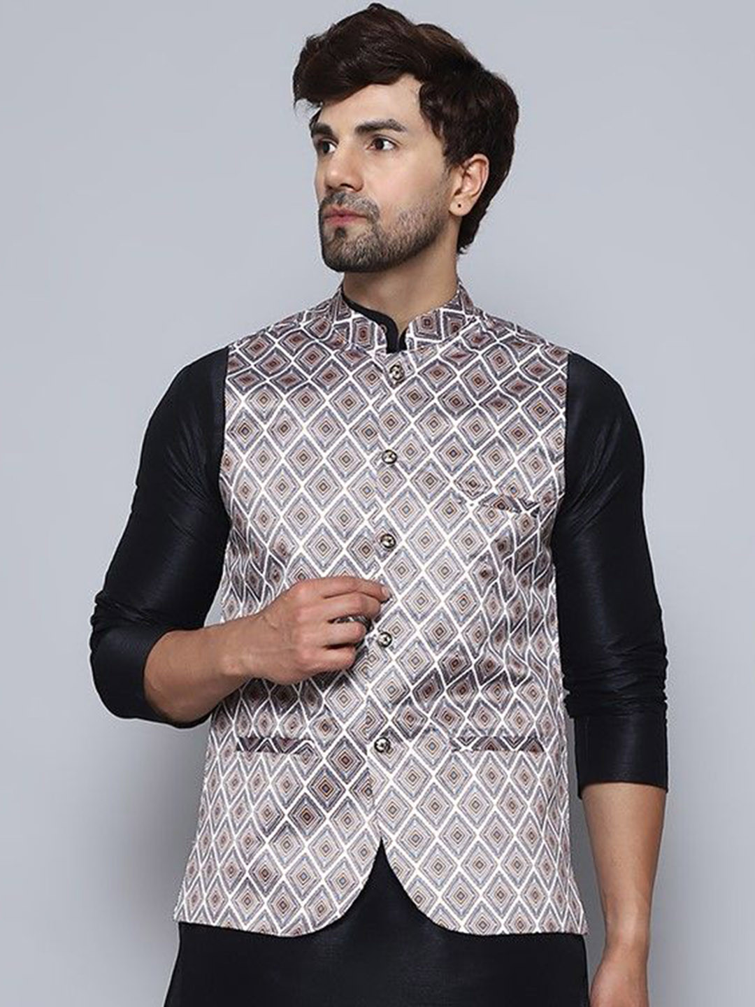 

BANHUSSAIN Printed Satin Nehru Jacket, White