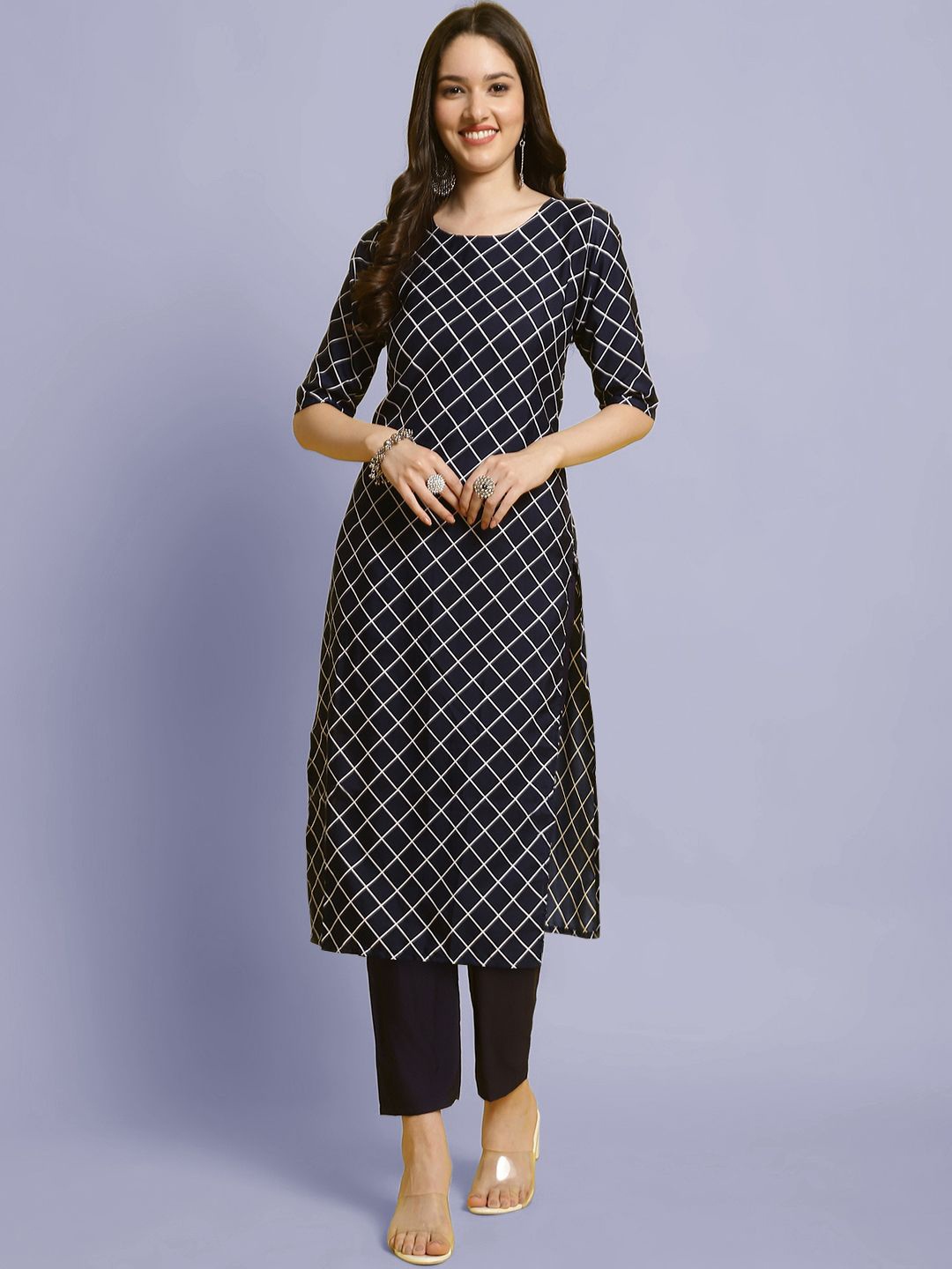 

Moda Rapido Checked Round Neck Straight Kurta With Trousers, Black